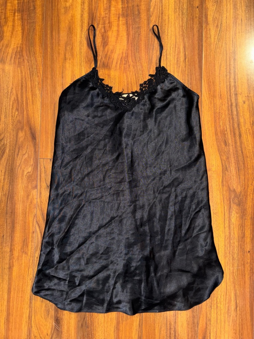 Satin Lace-Detail Slip Chemise in Black